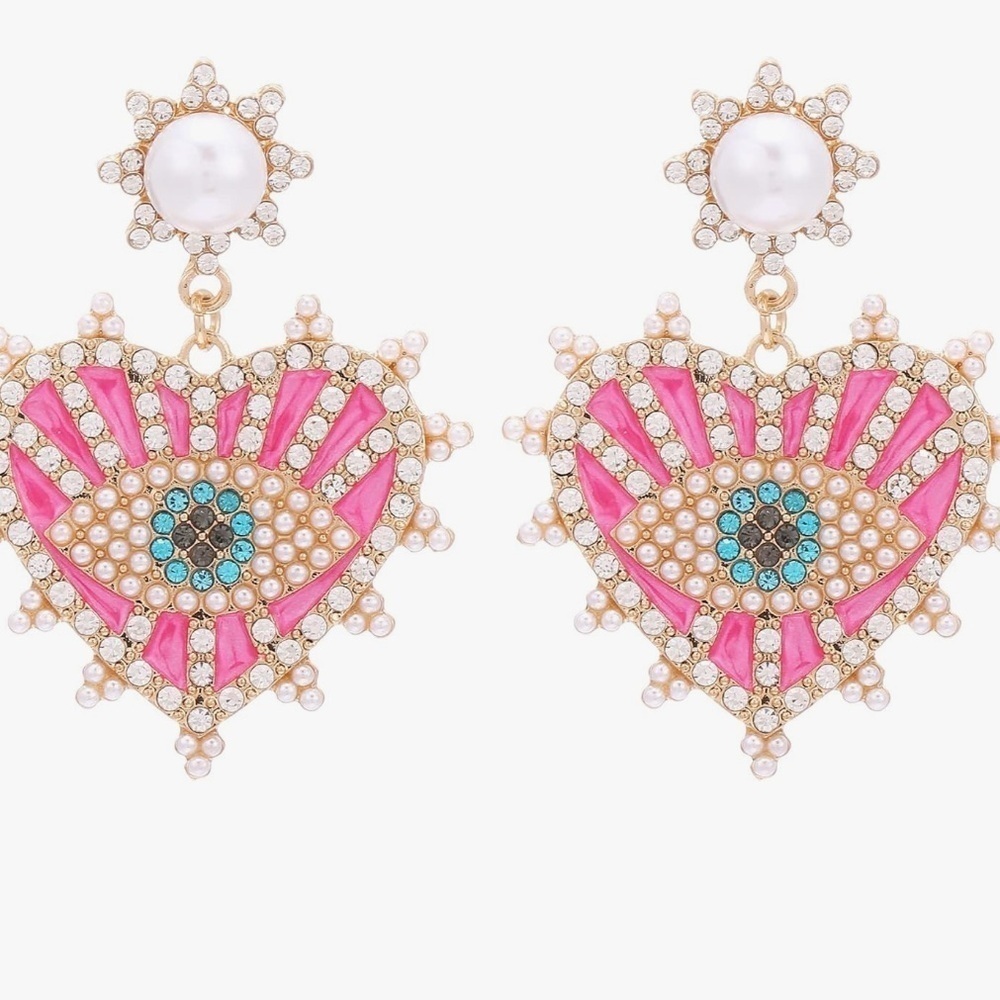 Evil Eye Heart Earrings with pearls and rhinestones pink gold …